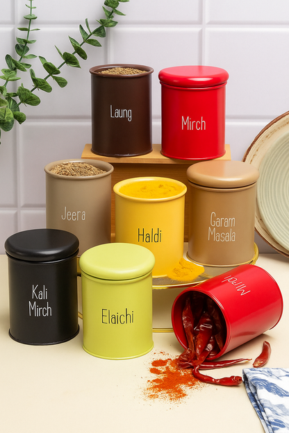 Colorful  Spice Jars Set of 8 | Airtight Masala Containers with Labels for Kitchen Storage